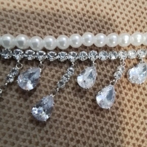 Tear Drop Blue rhinestone Pearls Diams Costum Necklace Woman Silver Color J3 - Picture 2 of 9